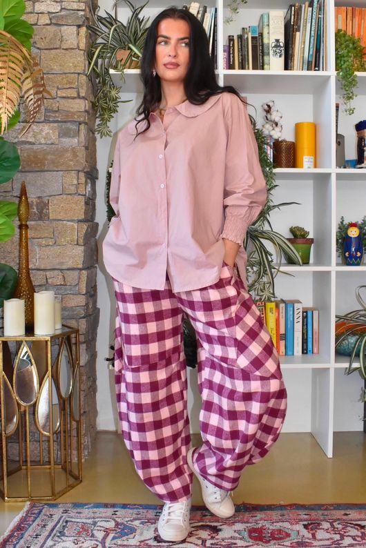 Nora Brushed Cotton Gingham Classic Barrel Pant Aubergine